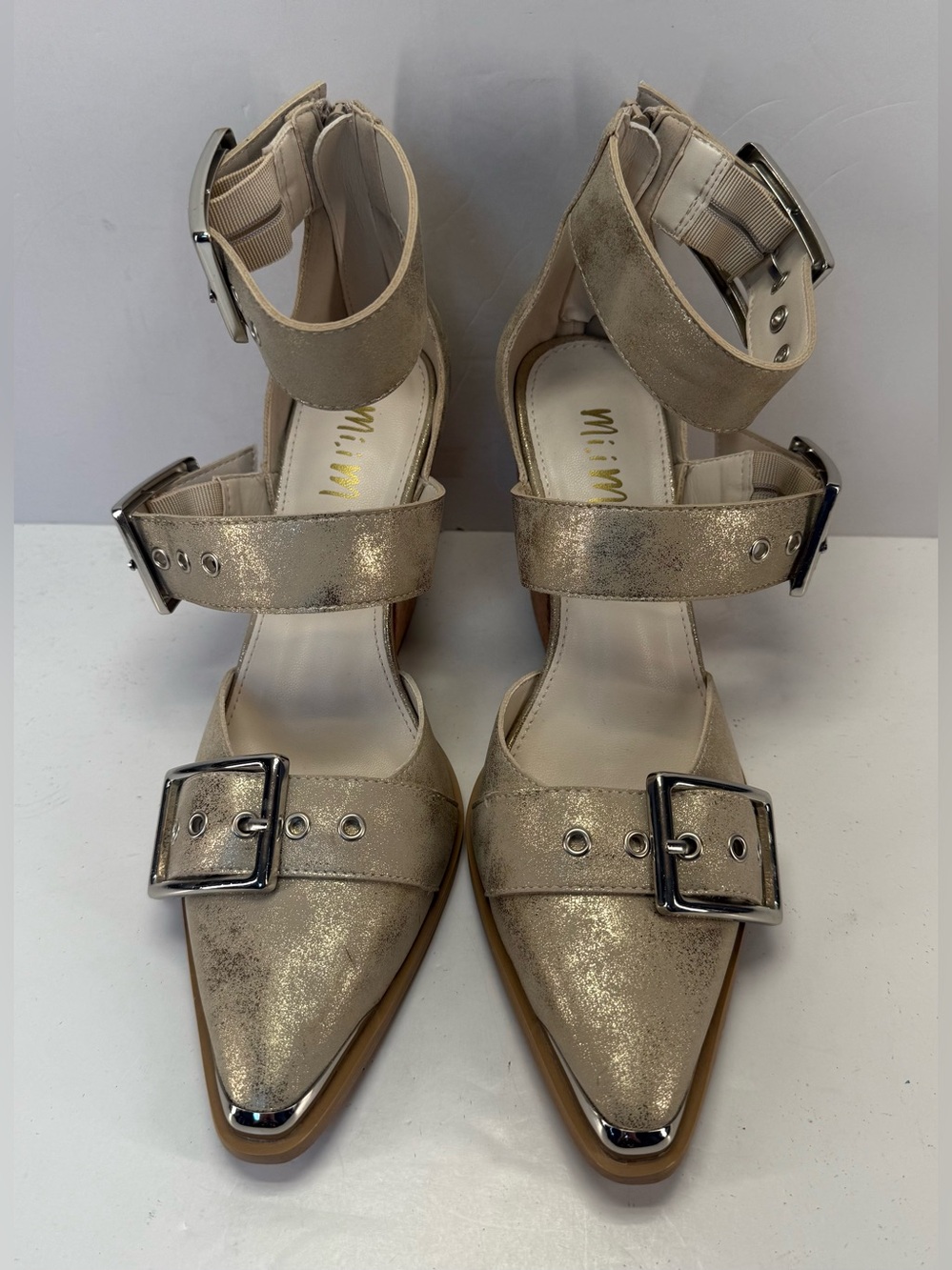 Mi Mi Hendrix Triple Buckle gold Metallic Block Heel Pumps for Women size 8 - Picture 7 of 16